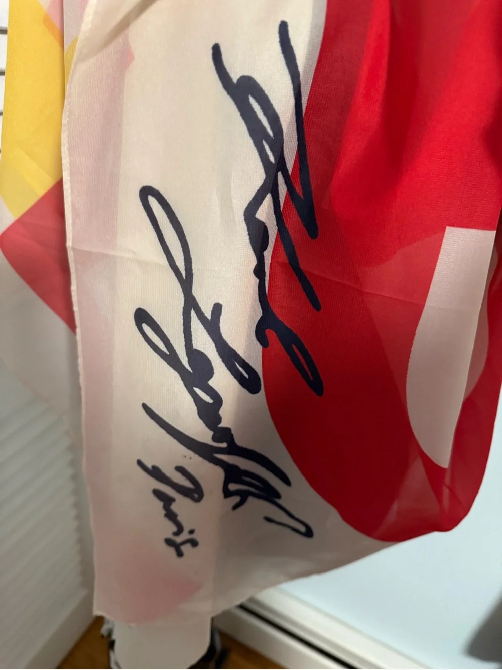 Karl Lagerfeld Cream Scarf with Red and Blue Accents and Karl Signature!